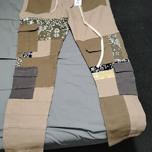 Men's Patchwork Cargo Pants - Tan, Gray, and Black